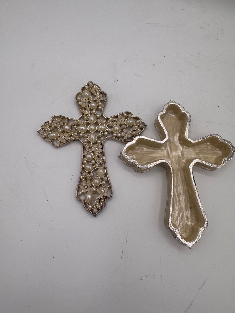 Rhinestone Pearl Enameled Cross Trinket Box