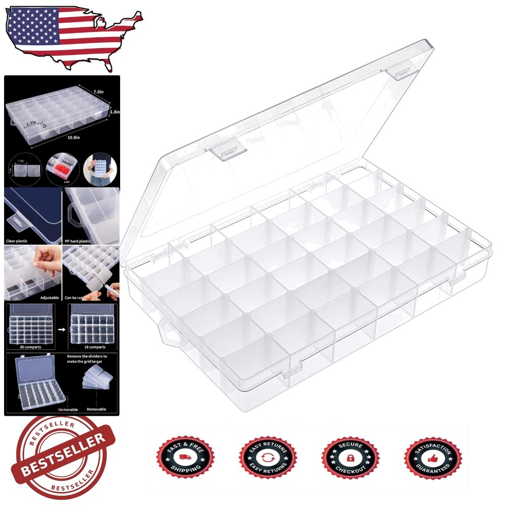 36-Grid Adjustable Clear Plastic Organizer Box for Crafts Jewelry Storage