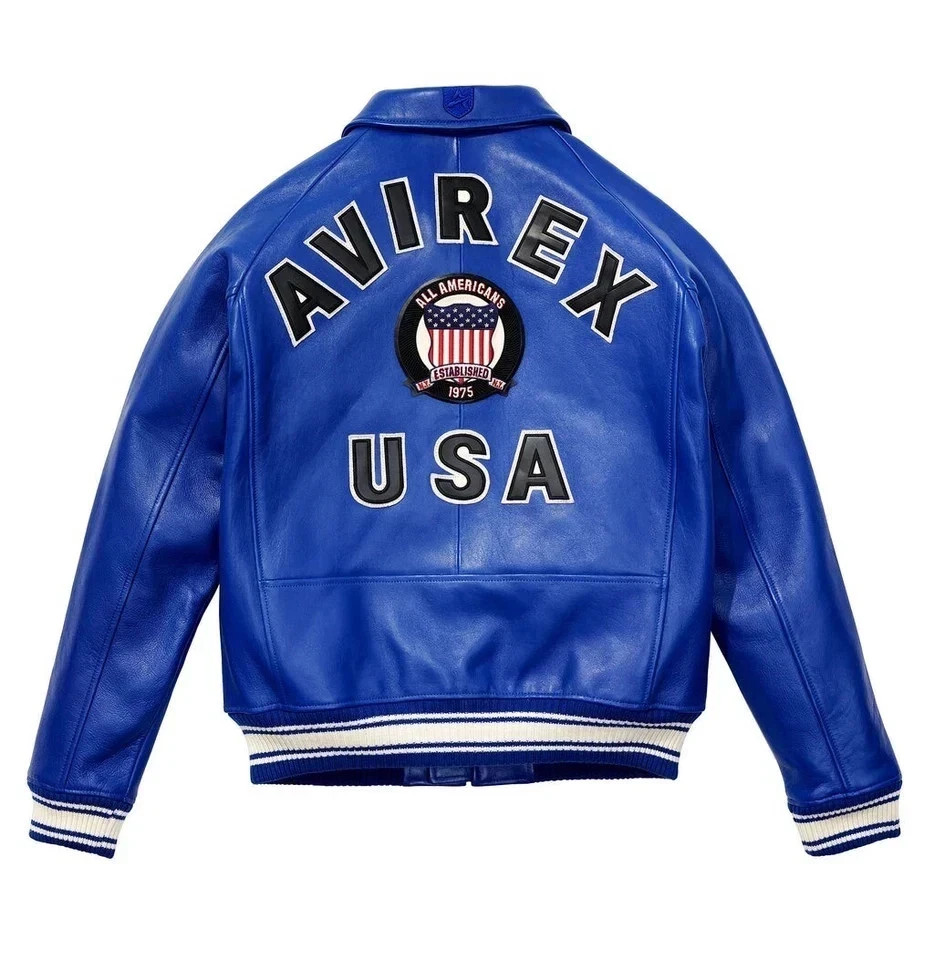 Men Avirex Blue Real Bomber American Flight Jacket PU Leather Jacket for Men