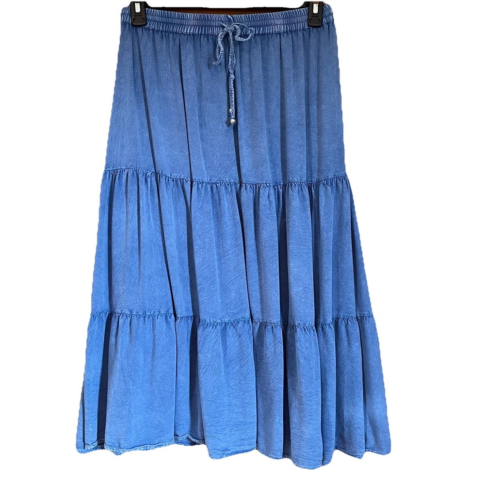 Boho Blue Chambray Tiered Maxi Skirt Medium Coastal Western Style