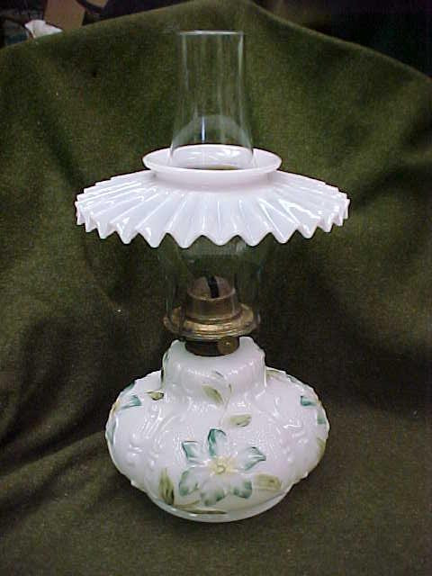 VICTORIAN 1890's CLEMATIS FLOWER MILK WHITE OIL LAMP CONSOLIDATED GLASS CO HAND