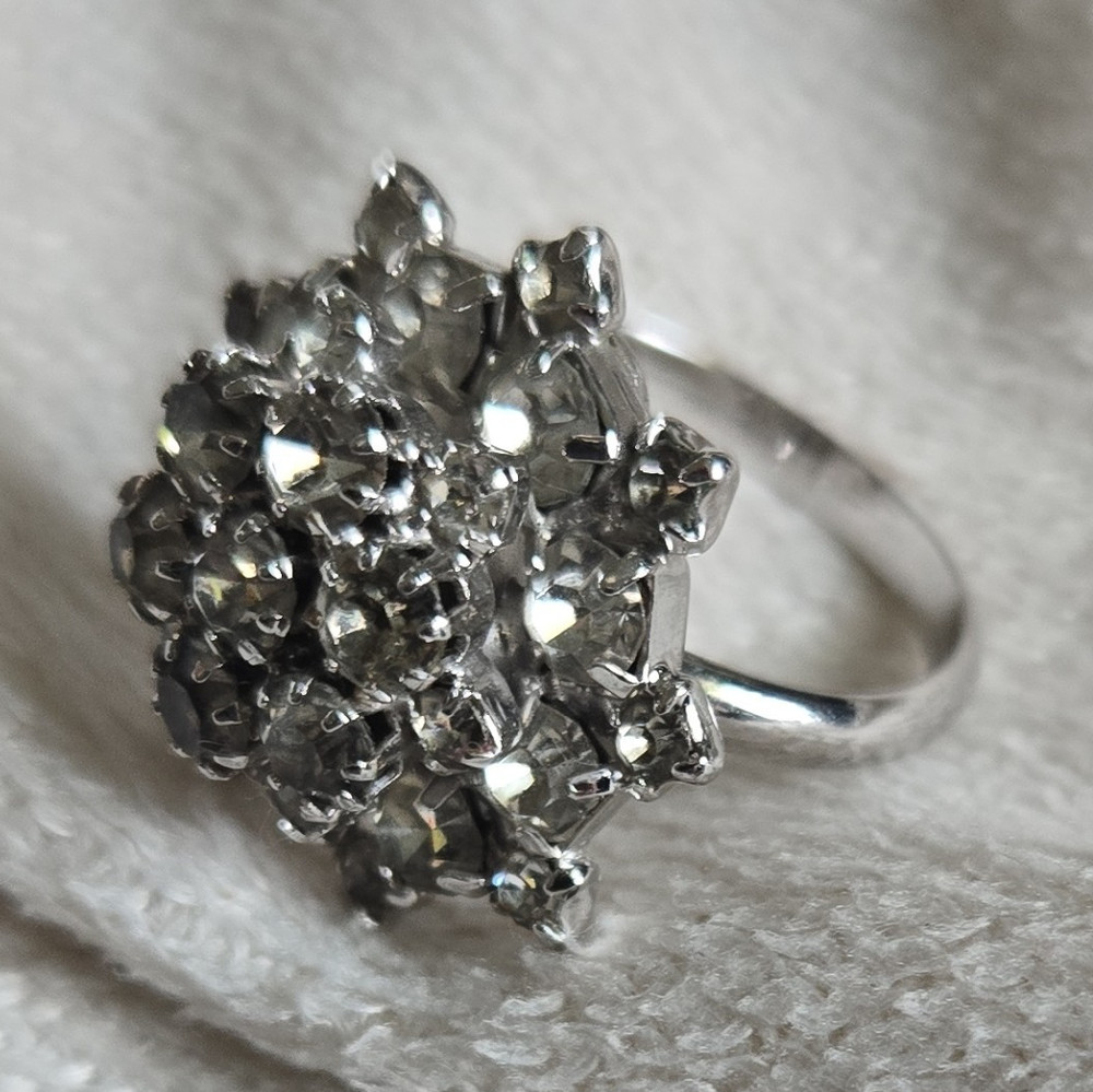 Silver Tone Flower Cluster Cocktail Ring Adjustable Round Metal