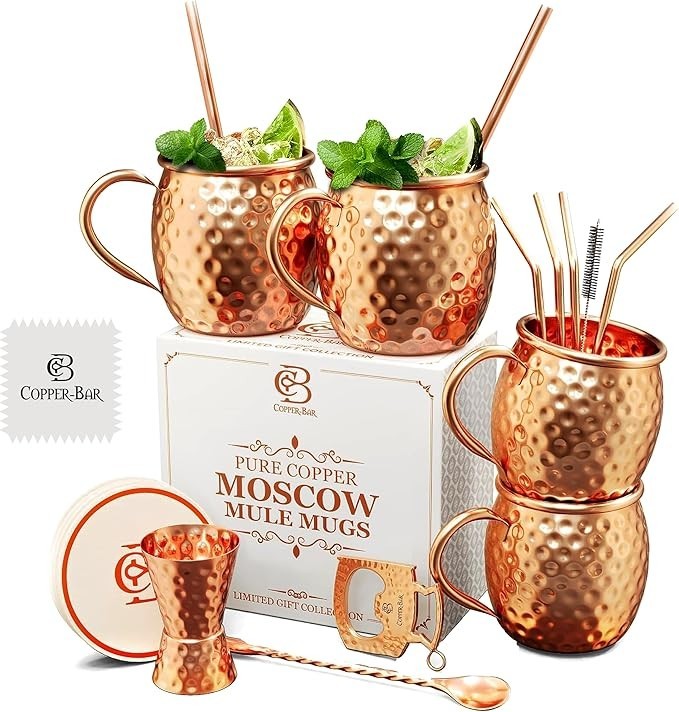 Moscow Mule Copper Mugs | Set of 4 Hammered Cups | 100% Handcrafted Pure Solid C