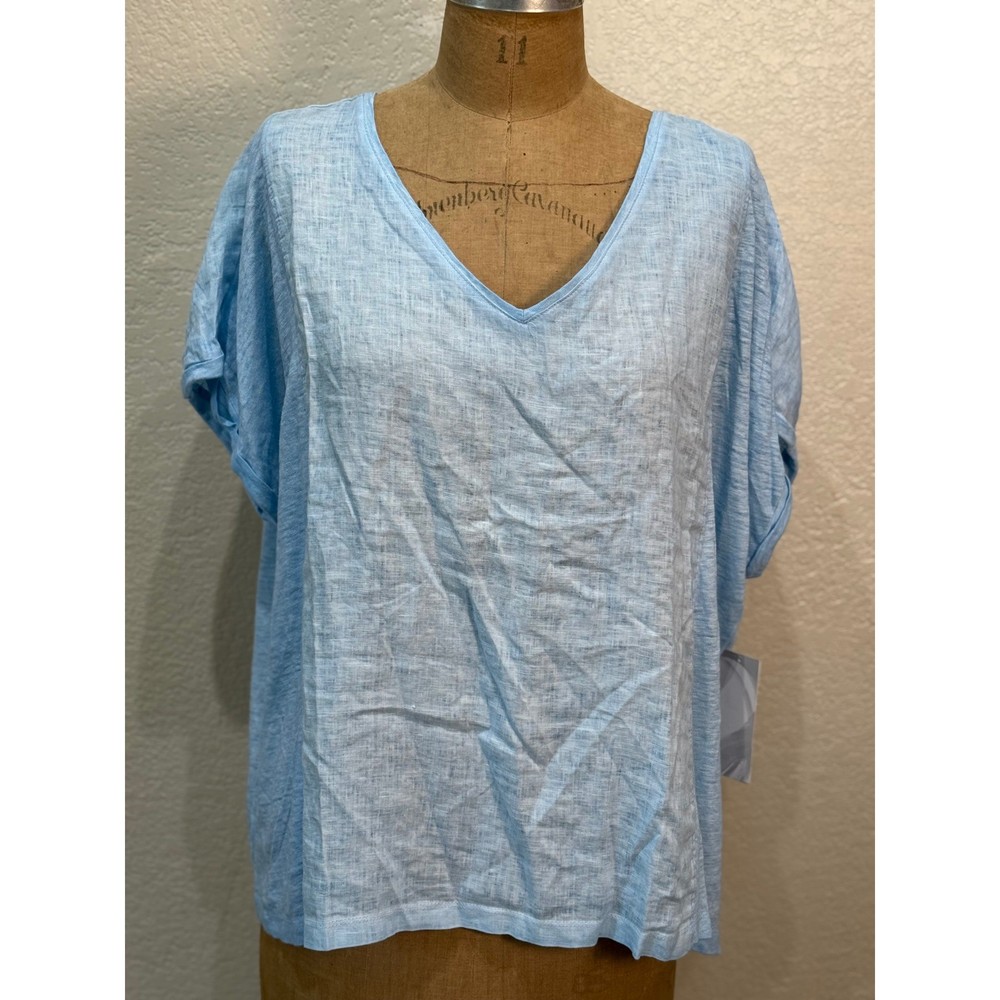 Chico's 100% Linen V-Neck Teel Blue Short Sleeve Knit Top Size XL NEW