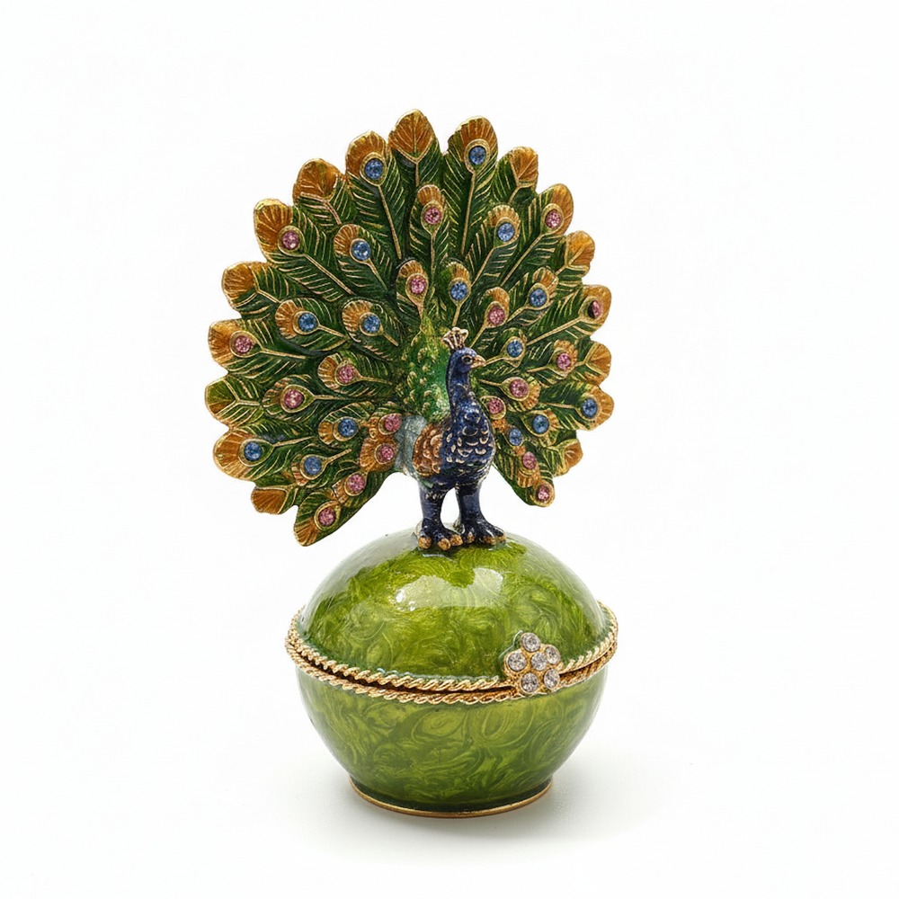 Peacock Trinket Box Enameled with Rhinestones – Jeweled Decorative Figurine