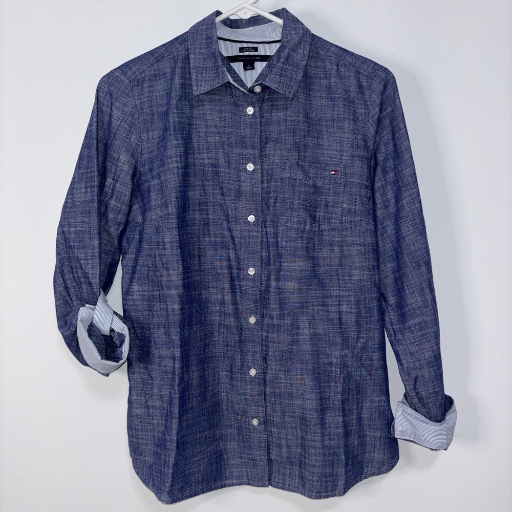 Tommy Hilfiger Chambray Blue Roll Tab Long Sleeve Shirt Medium