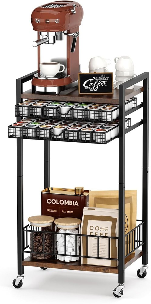 Miratino Coffee Bar Stand Station Cart, Pod Holder Drawer Rustic Brown