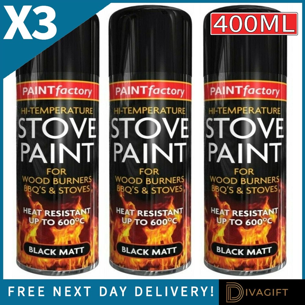 3 x 400ML STOVE PAINT HIGH TEMPERATURE SPRAY PAINT BLACK MATT HEAT RESISTANT BBQ