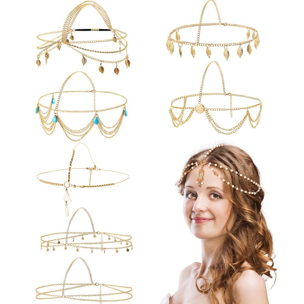 8-Piece Gold Head Chain Jewelry Set with Coins Pearl Tassels Boho Halloween Headband