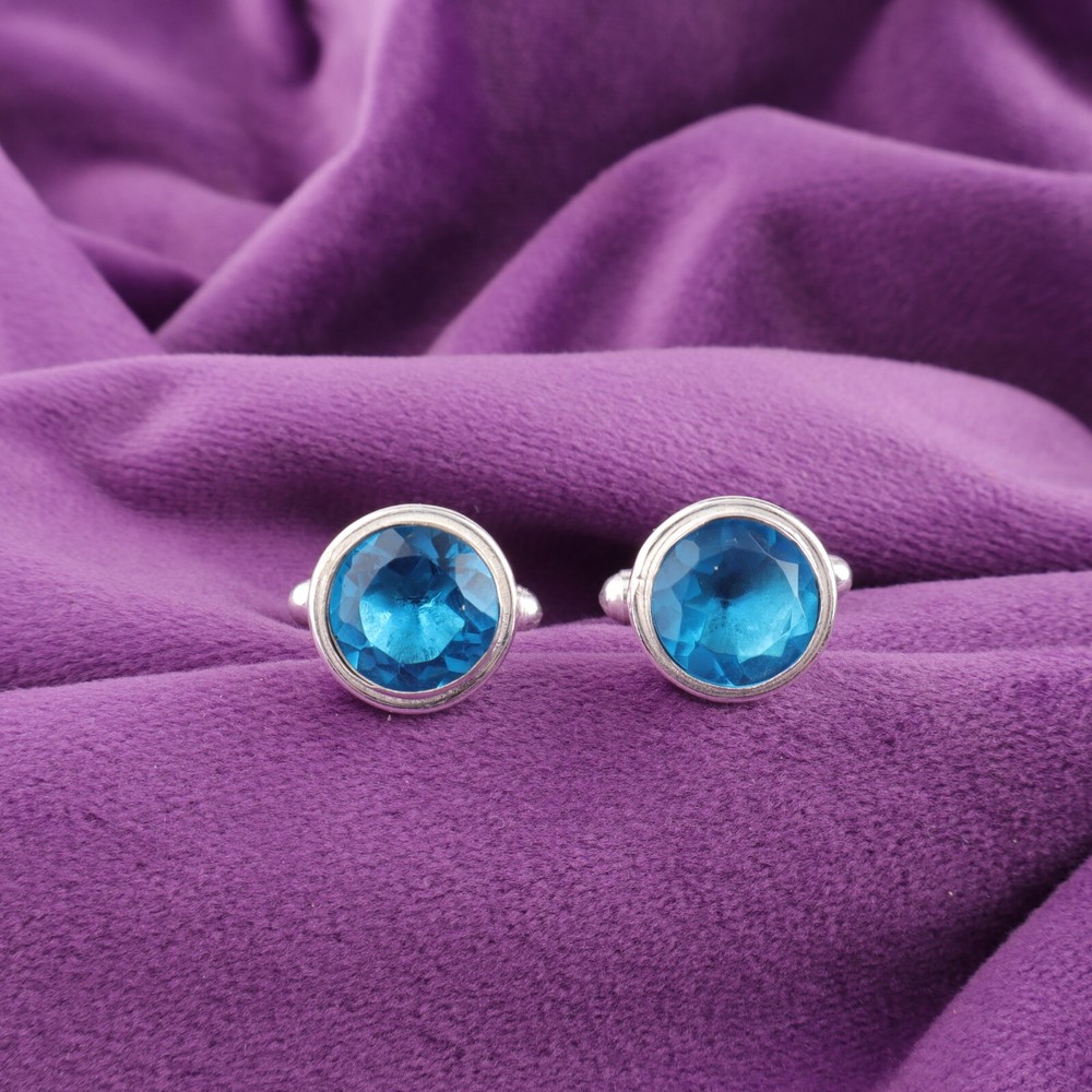 Swiss Blue Topaz Gemstone Modern Business Formal Cufflinks Jewelry 925 Silver