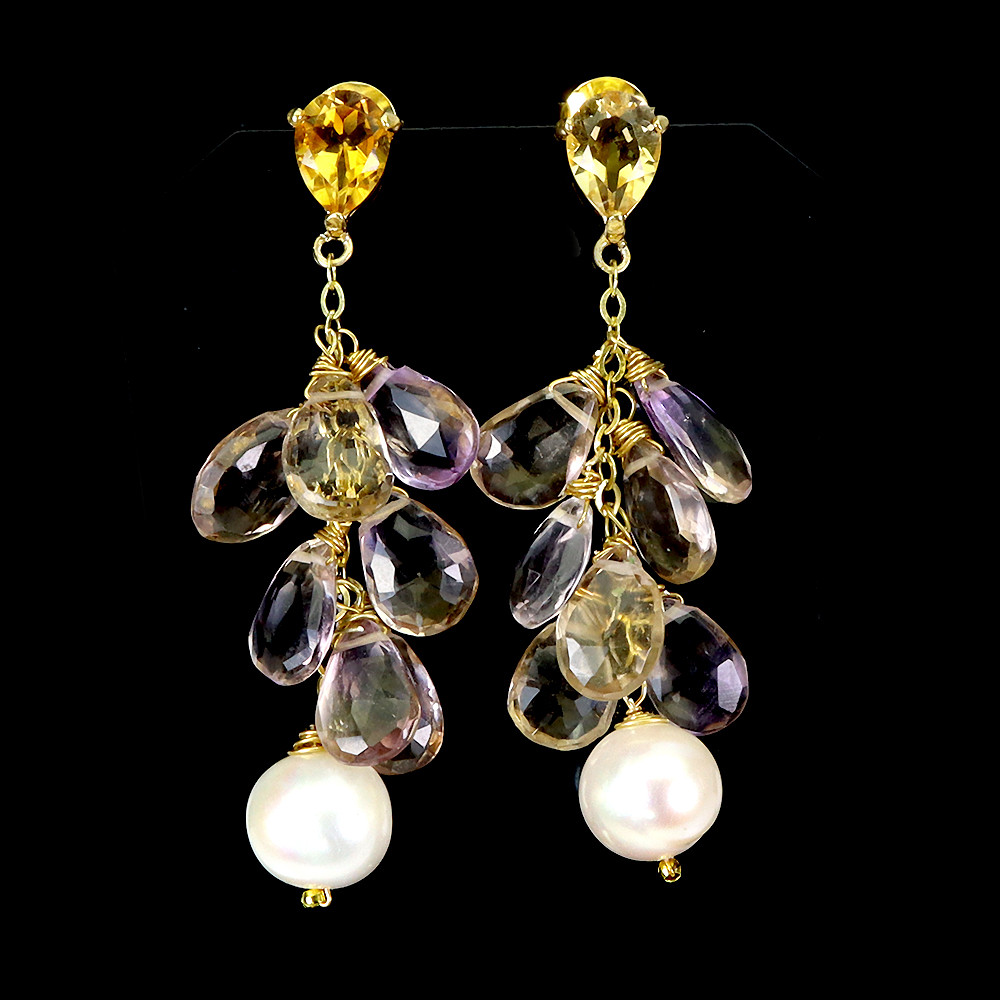 925 Sterling Silver Briolette Ametrine Citrine Pearl Gemstone Earrings Jewelry