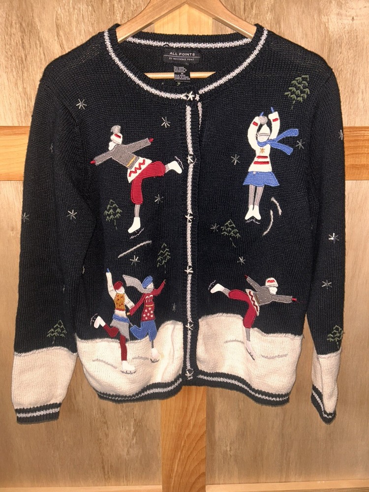 All Points Cardigan Sweater Size M  Black&Wht w/Applique Embroidered Ice Skaters