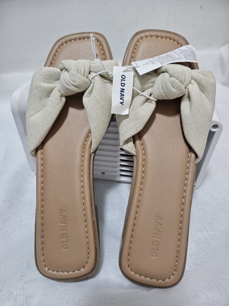 Old Navy Women's Beige Bow Slide Sandals Slip On Linen Size 8