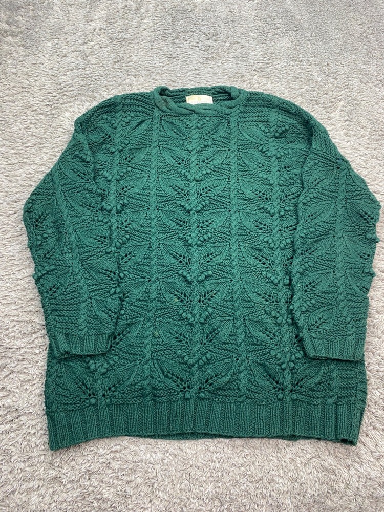 Express Tricot Sweater Adult Medium Green Handknit 3D Cable Knit Coogi Fisherman