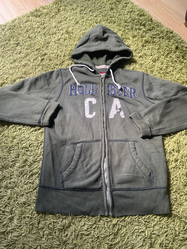 MENS HOLLISTER KHAKI GREEN DISTRESSED LOOK ZIP UP HOODY-SIZE M