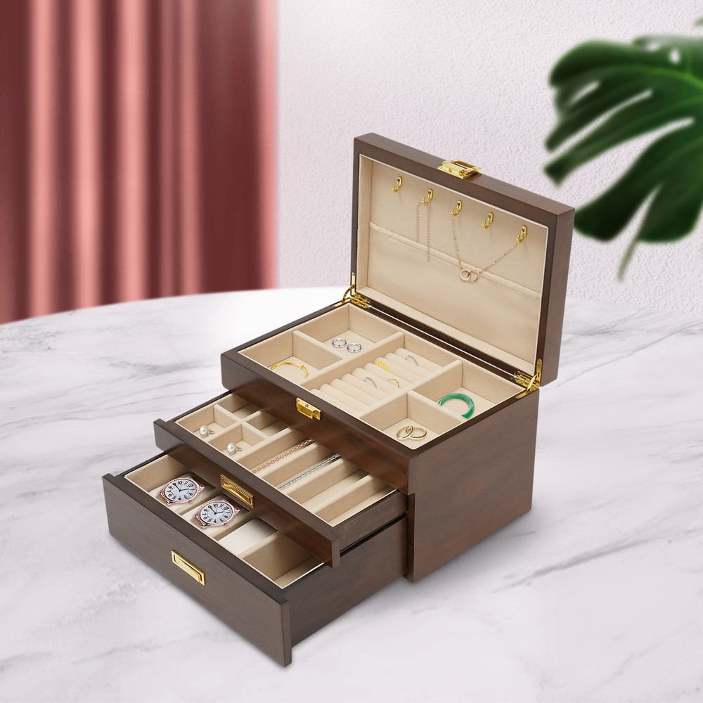 3-Tier Wooden Jewelry Organizer with 2 Drawers Storage Cabinet