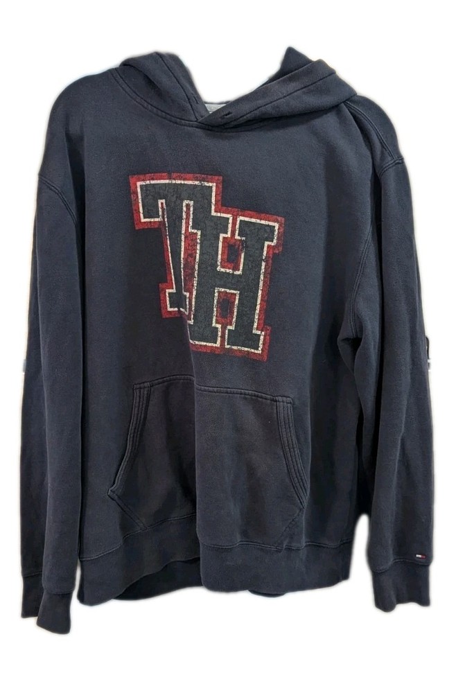 Tommy Hilfiger Mens XL Navy TH Logo Fleece Lined Pullover Hoodie Casual