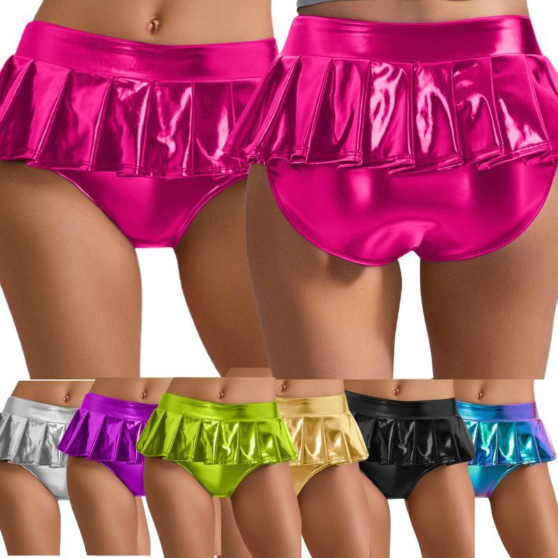Shiny Metallic Pleated Mini Skirt Rave Performance Shorts for Women