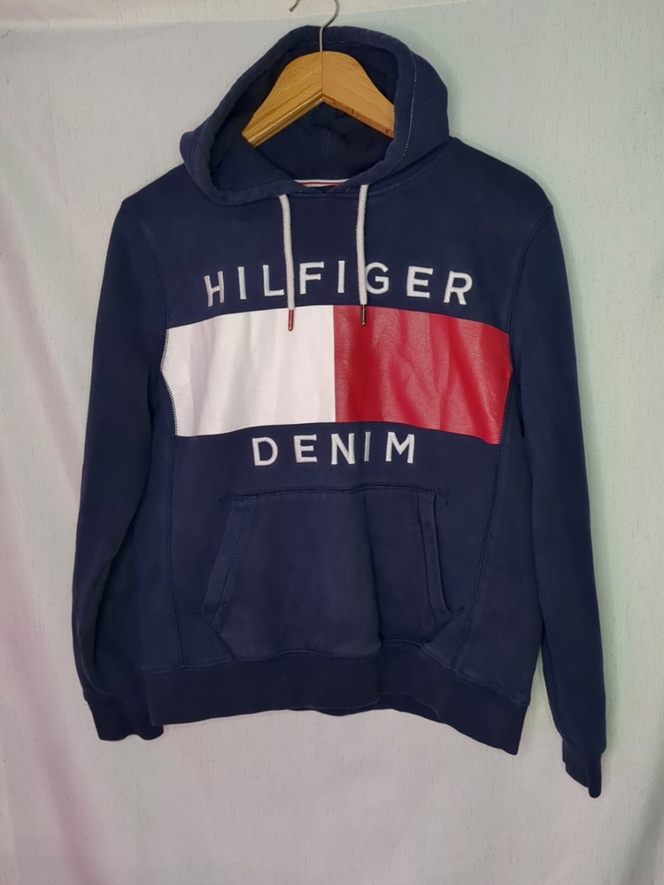Tommy Hilfiger Vintage Navy Denim Hoodie with Logo in Size Medium