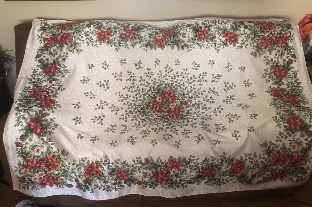 Vintage Satin tablecloth of Christmas Poinsettias, Red/cream color 81”x58”