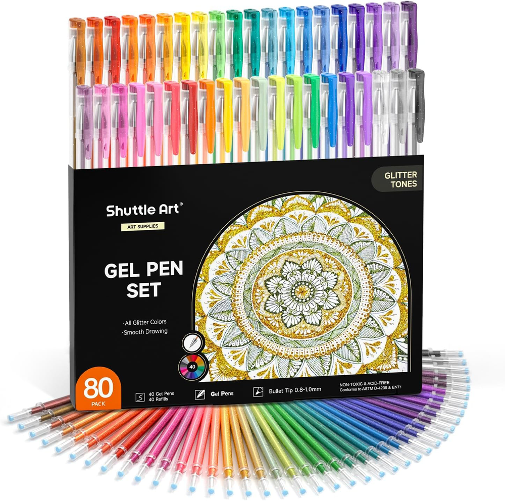 80 Pack Glitter Gel Pens Set with 40 Colors and Refills for Coloring Crafts