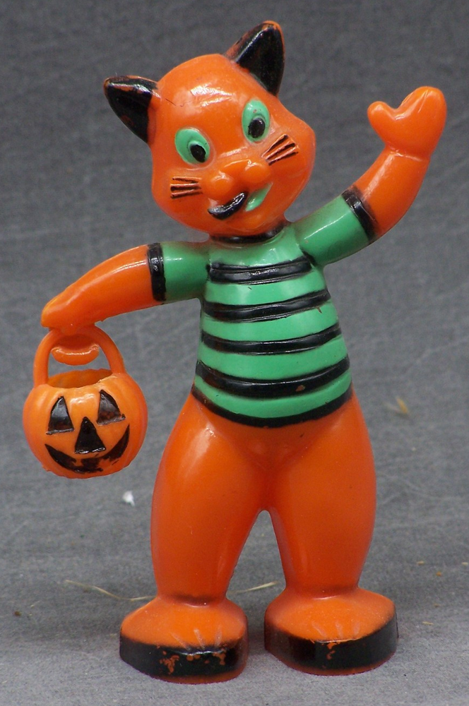 Vintage Halloween Rosbro Cat Green & Black Stripe Shirt & JOL Candy Container