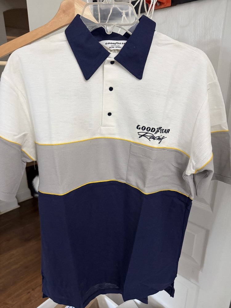 Vintage 90s Goodyear Racing Pit Crew White Blue Polo Shirt NASCAR Mens Large