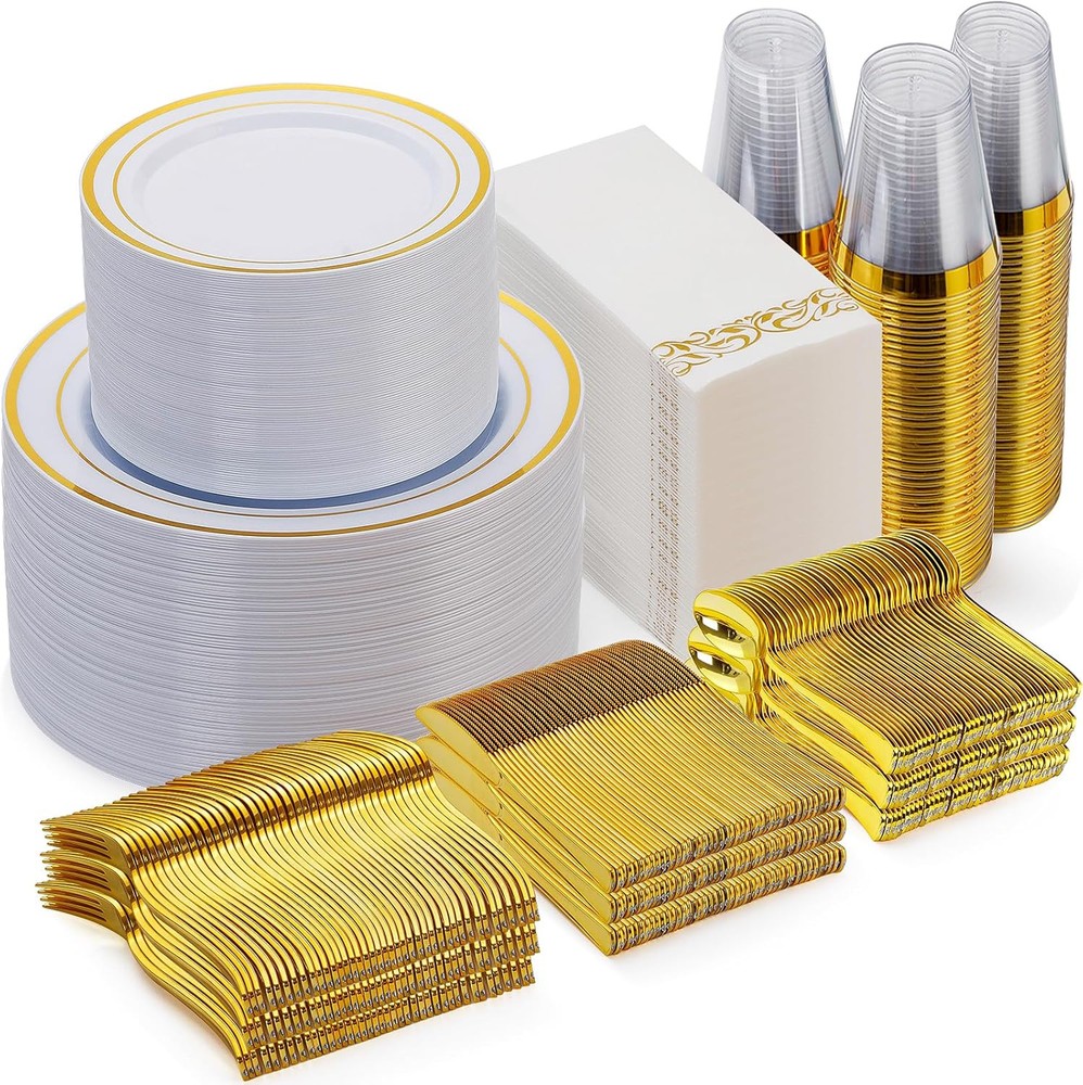 700-Piece Gold Disposable Dinnerware Set for 100 Guests by Goodluck
