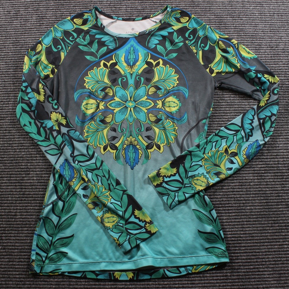 Athleta Rash Guard Womens XXS Teal Floral Long Sleeve Swim Shirt