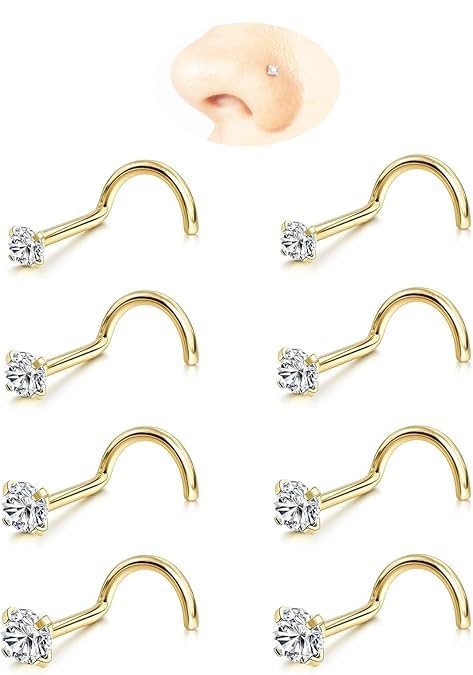 GingYing Nose Rings Studs: 8Pcs 18G 316L Surgical tiny, 8pcs/Screw/18G/Gold