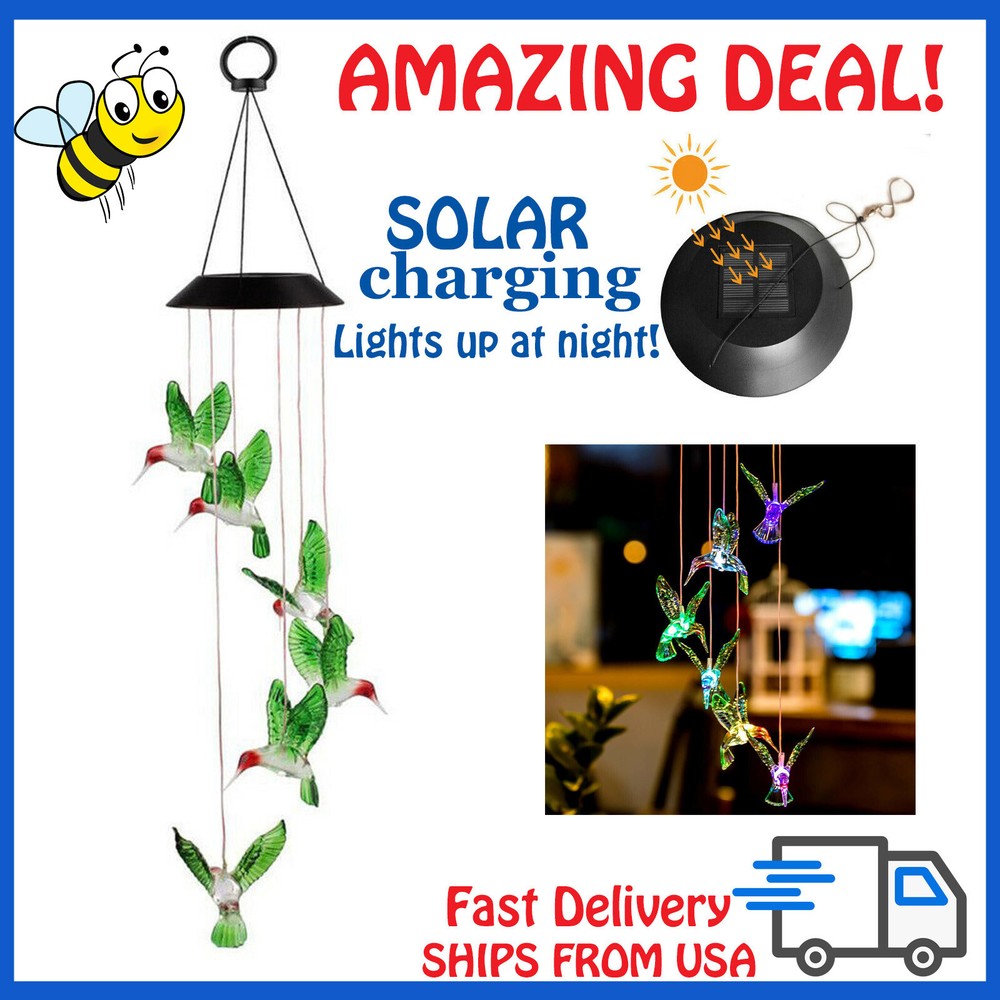 Color-Changing LED Solar Powered Hummingbird Wind Chime Lights Yard Garden Decor