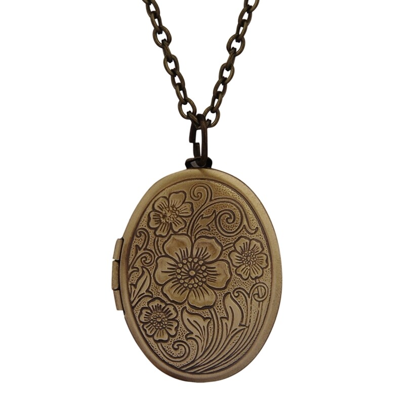 Photo Lockets Pendant Clavicle Chain Brass Engraved Flower Necklace Jewelry