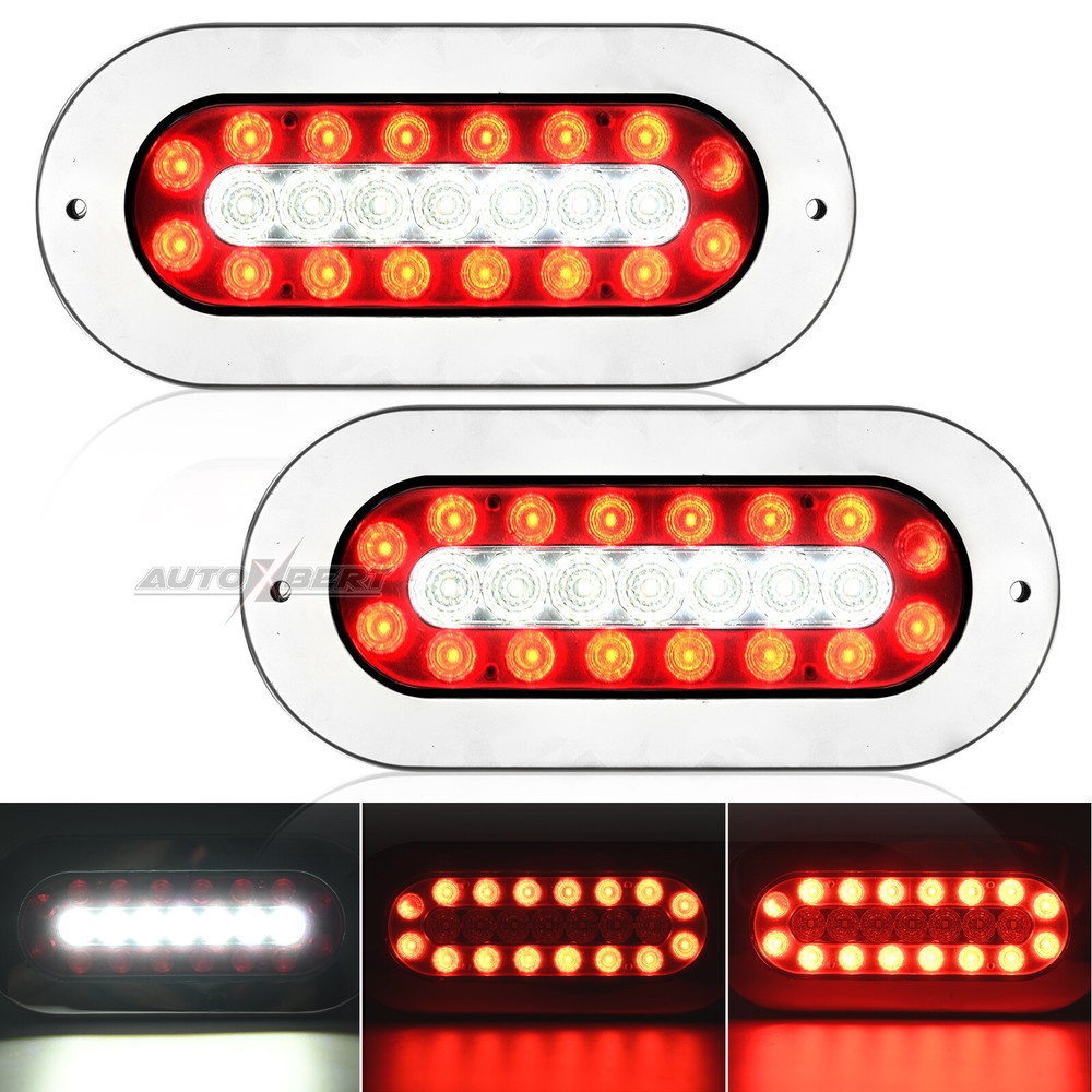 2x Oval 23 LED Reverse Tail Light Trailer Truck Camper Caravan Chrome Steel 12 V