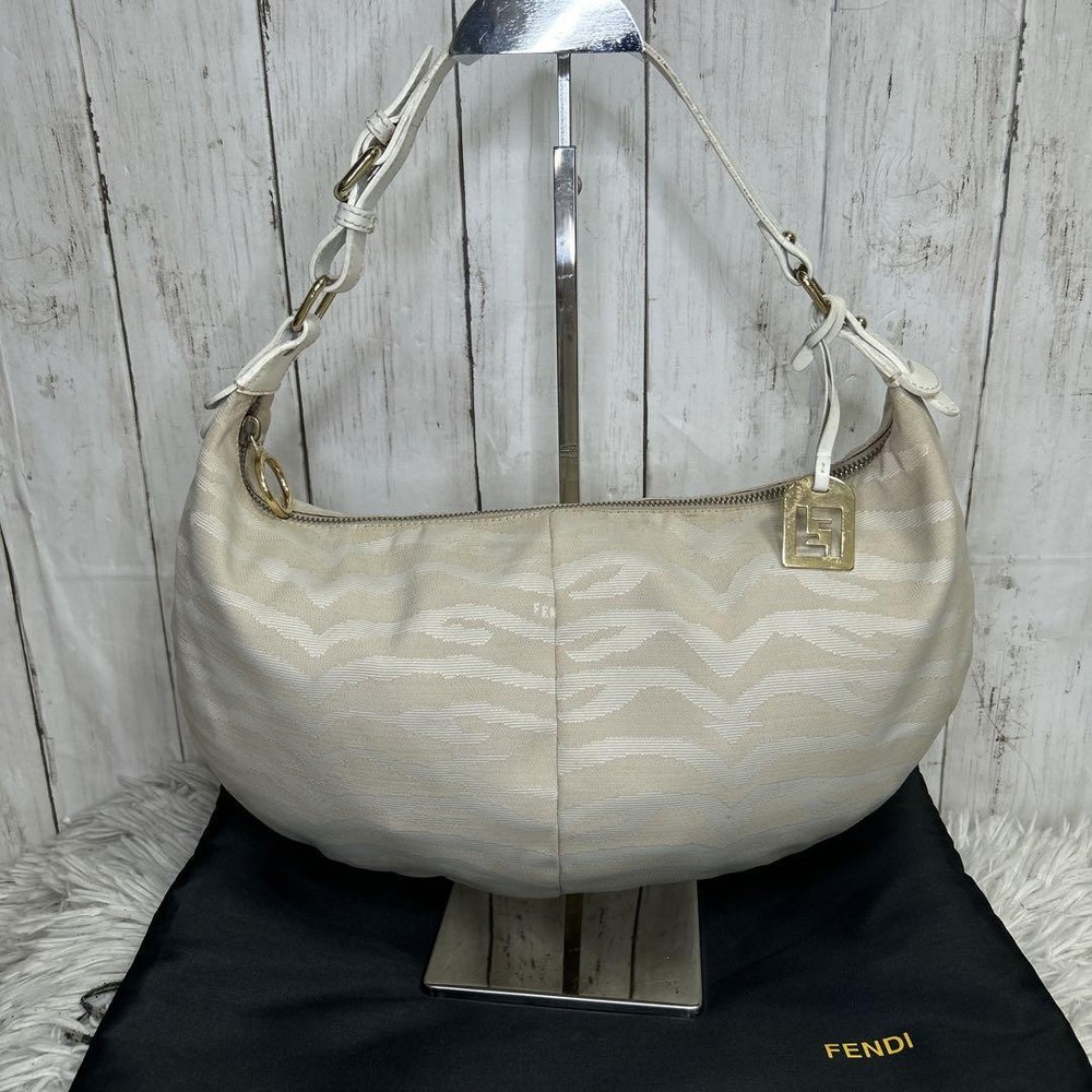 Fendi One Shoulder Bag Zebra Pattern White Canvas Logo