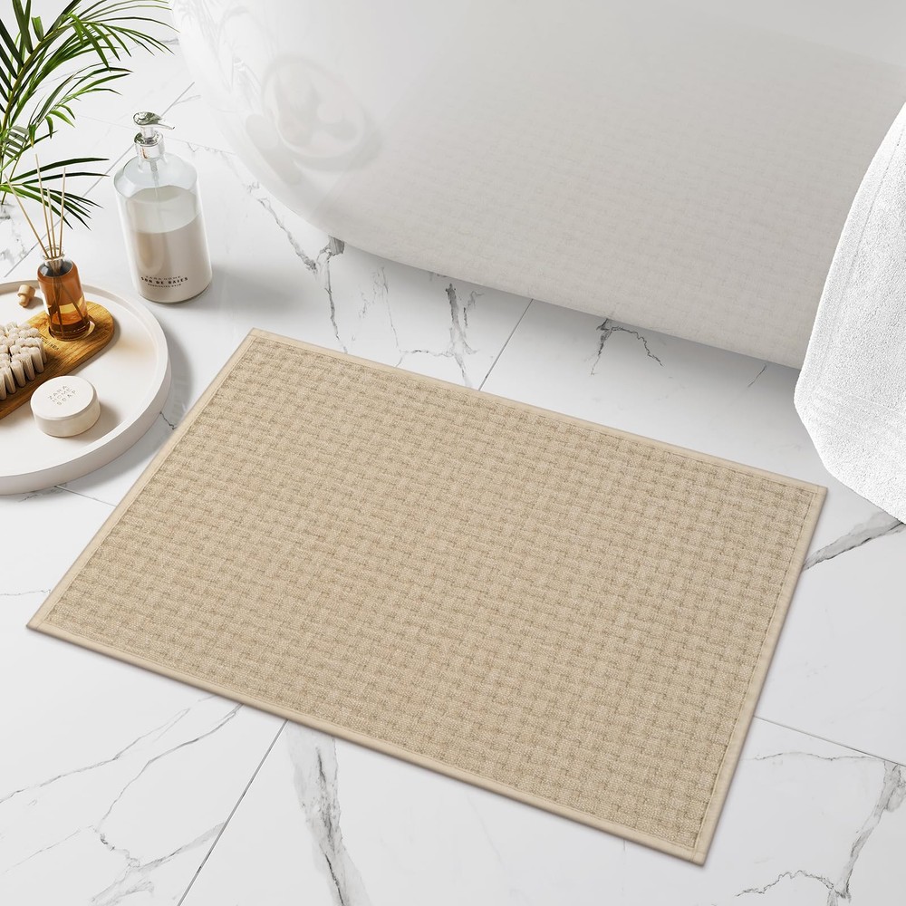 Khaki Waffle Non-Slip Super Absorbent Woven Bathroom Rug Mat