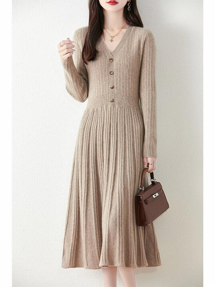 100% Pure Wool Knitted Dress Women's V-neck Long-sleeved Cashmere Sweater