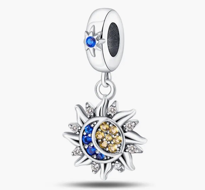 Sun Moon Silver Plated Blue Yellow Planet Charm Bead for Bracelet  