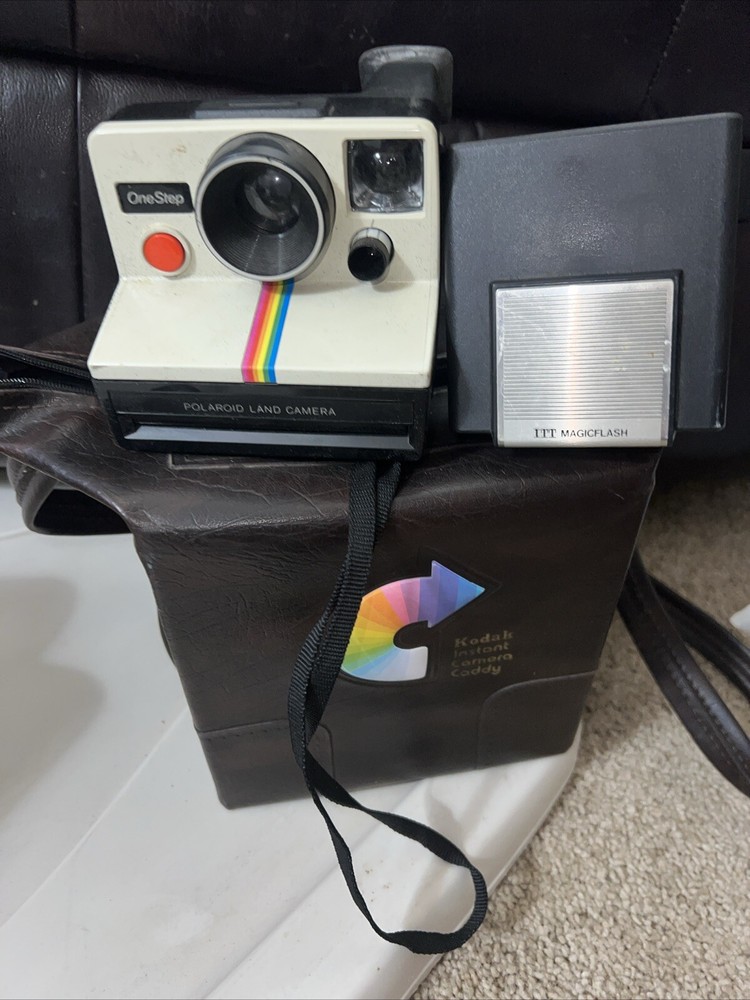 Vintage Polaroid SX-70 OneStep White Rainbow Stripe Camera Case with Flash