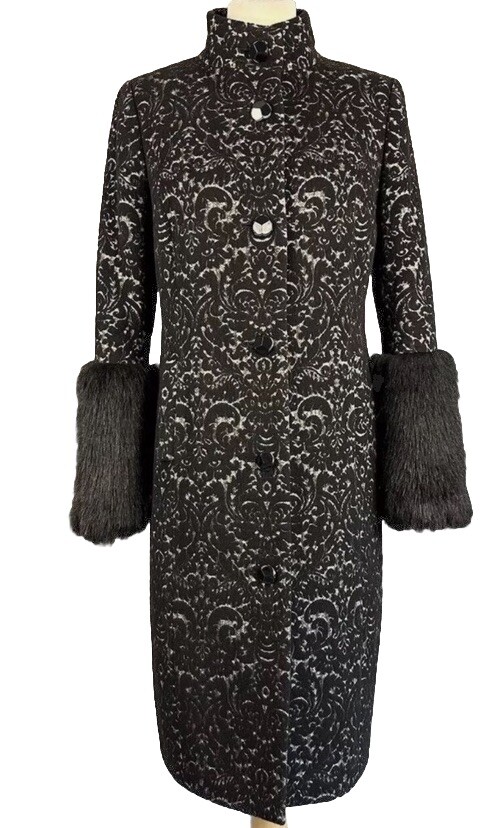 M&S PER UNA SPEZIALE Black Brocade Jacquard Wool Fur Cuff Coat Jacket  UK 18 -16