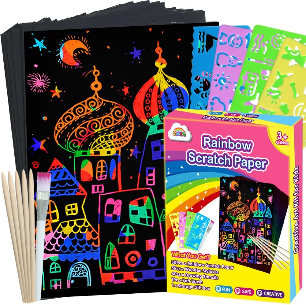 Scratch Paper Art Set, 60 Pcs Rainbow Magic Scratch Paper for Kids Black Scratch