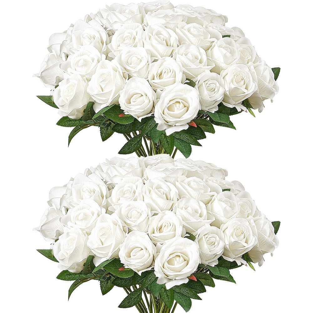 60PCS White Foam Roses Artificial Flowers Bulk w/ Stems Wedding DIY