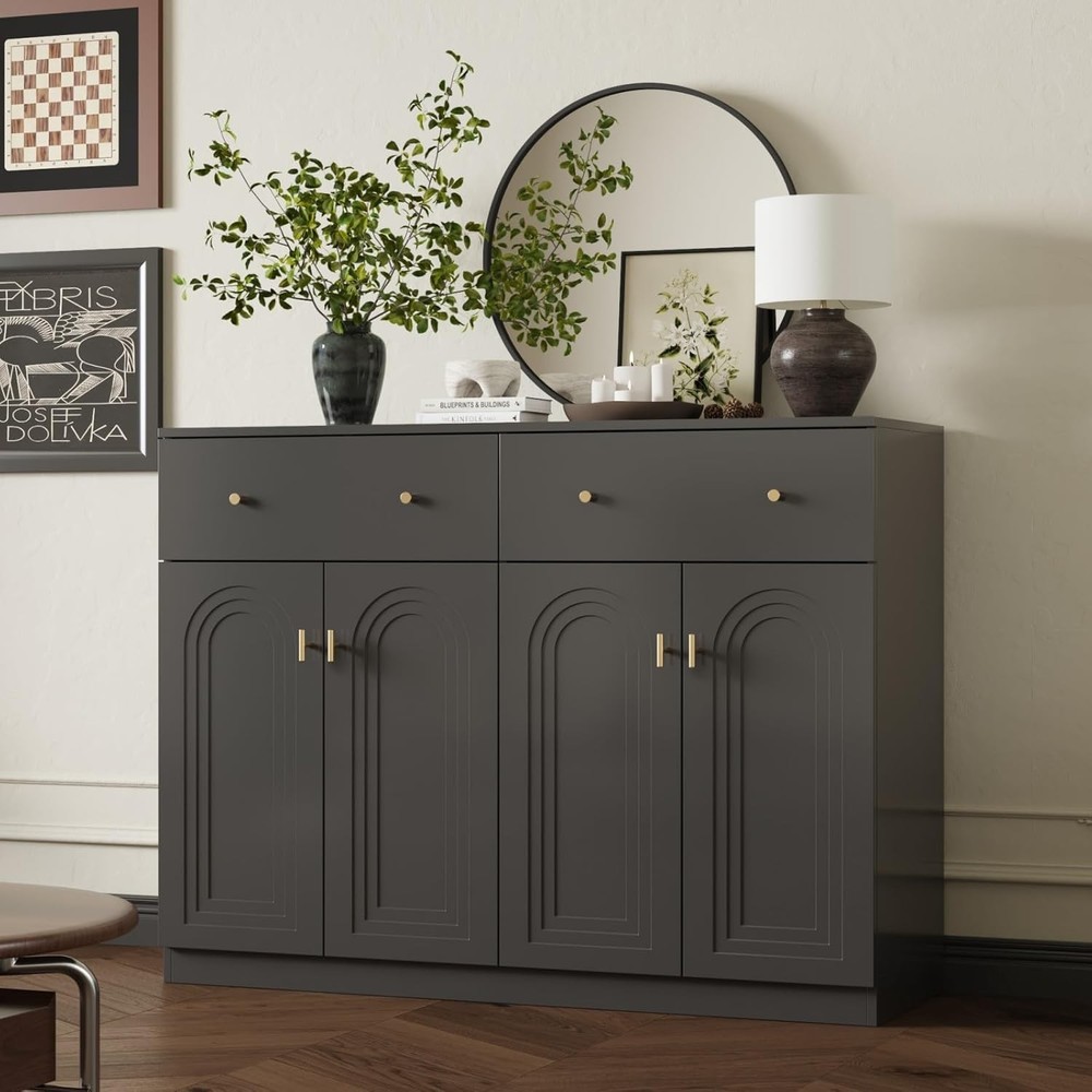 Modern 4-Door Storage Cabinet with Drawers & Adjustable Shelf