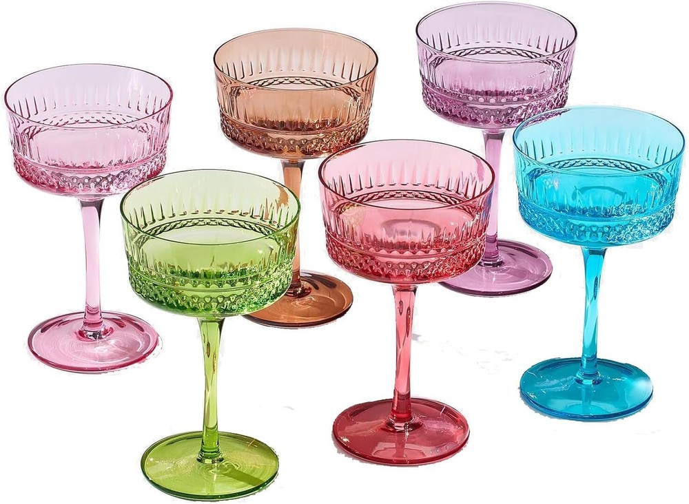 Khen Art Deco Martini, Champagne, Cocktail Colored Crystal Coupe Glasses