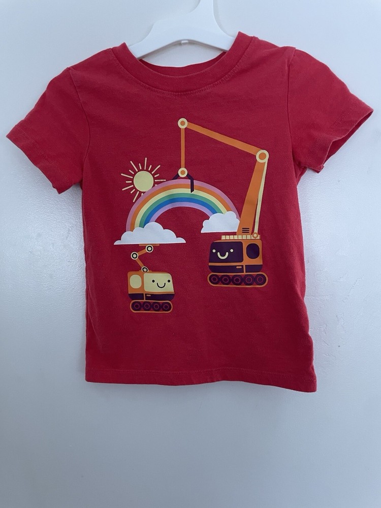 Cat & Jack Toddler Boys Rainbow Construction Vehicles Short Sleeve Shirt Red 2T