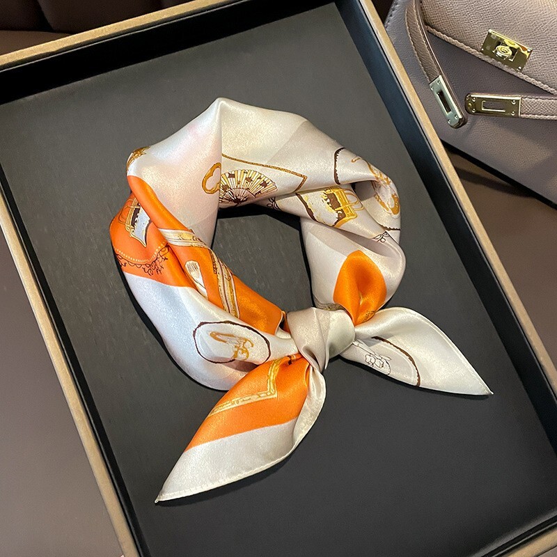 100% Mulberry Silk Small Scarf Women Kerchief Neckerchief Orange White 53*53cm