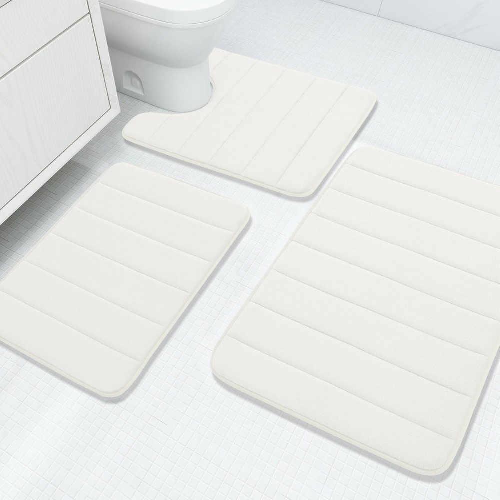 Memory Foam 3 Pieces Bathroom Rugs Set - Thick Soft Absorbent Non-Slip Bath M...