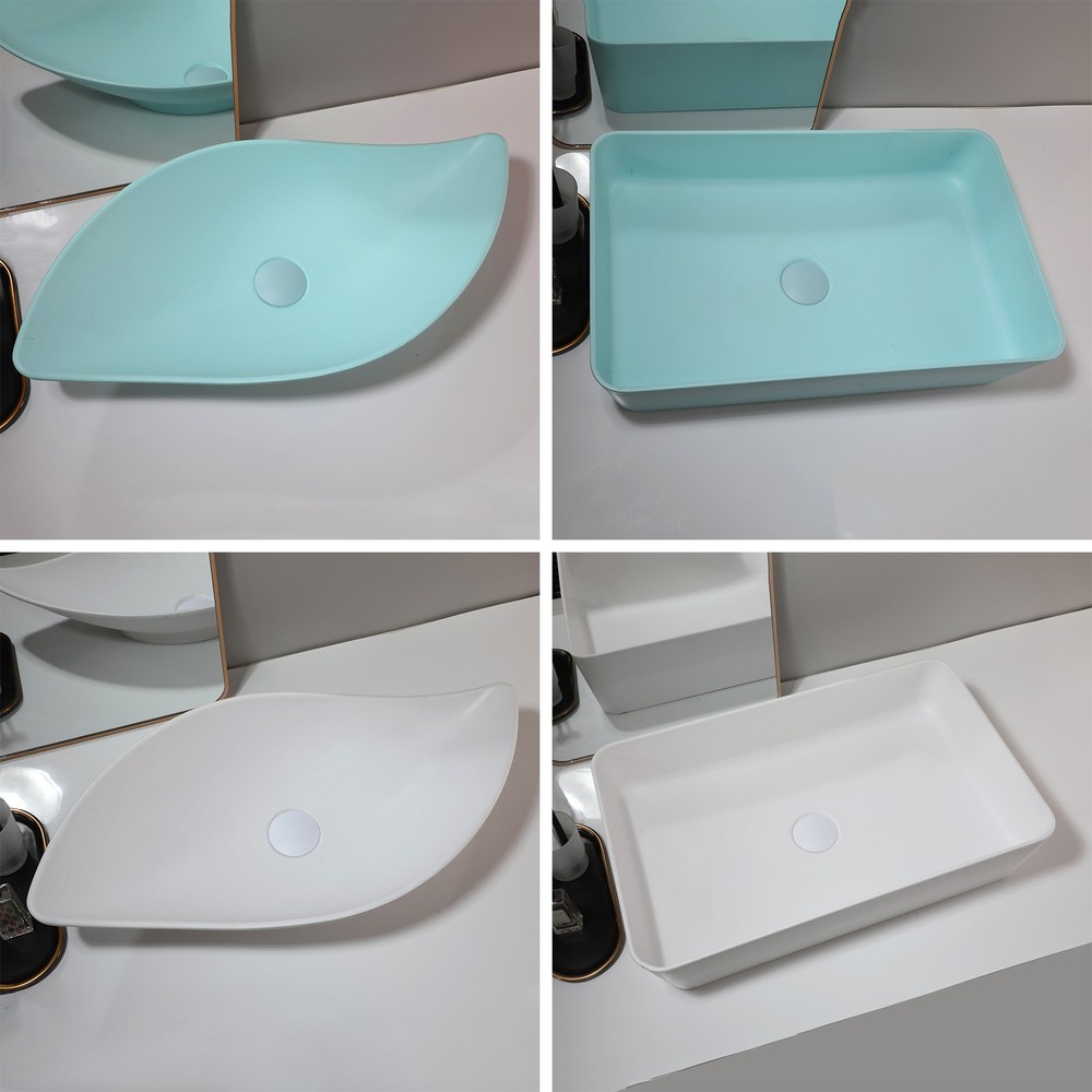 White Blue Stone Resin Leaf-Shaped Vessel Sink with Drain Set