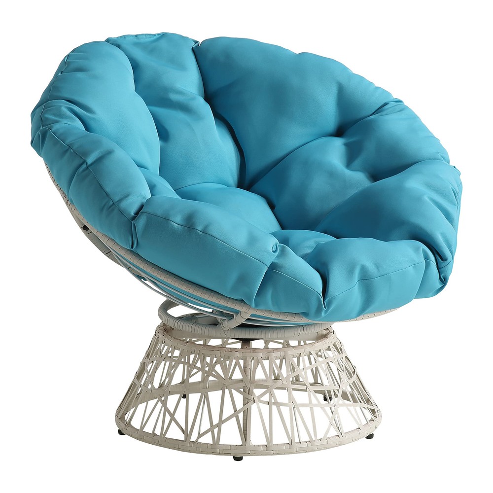 Wicker Papasan Chair with 360-Degree Swivel, Cream Frame with Blue Cushion