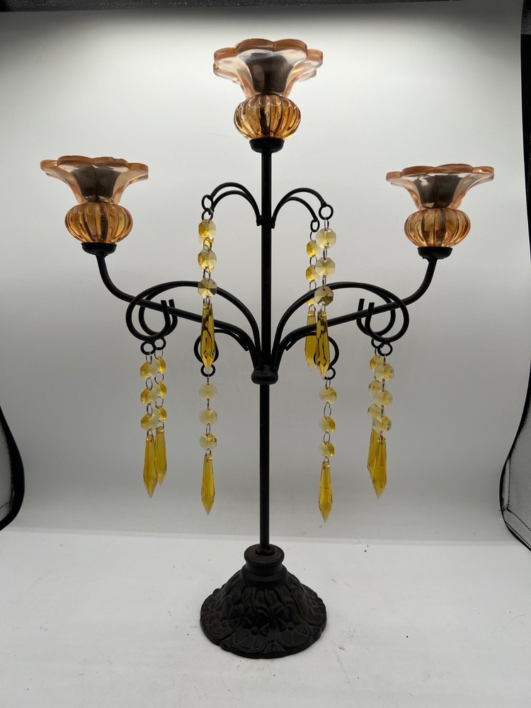 Vtg Gothic Candleabra amber crystals cast iron stand