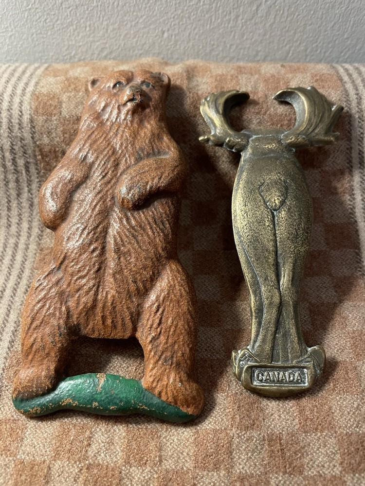 Pair Of Vintage Animal Metal Bottle Openers -  Bear And Moose